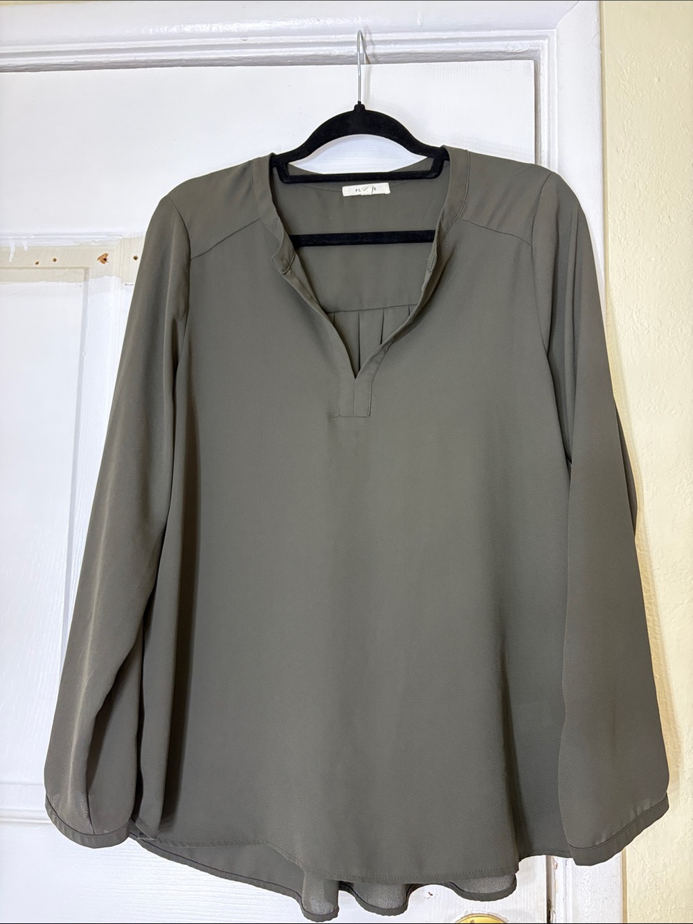 Pleione Olive Split-Neck Long Sleeve Blouse